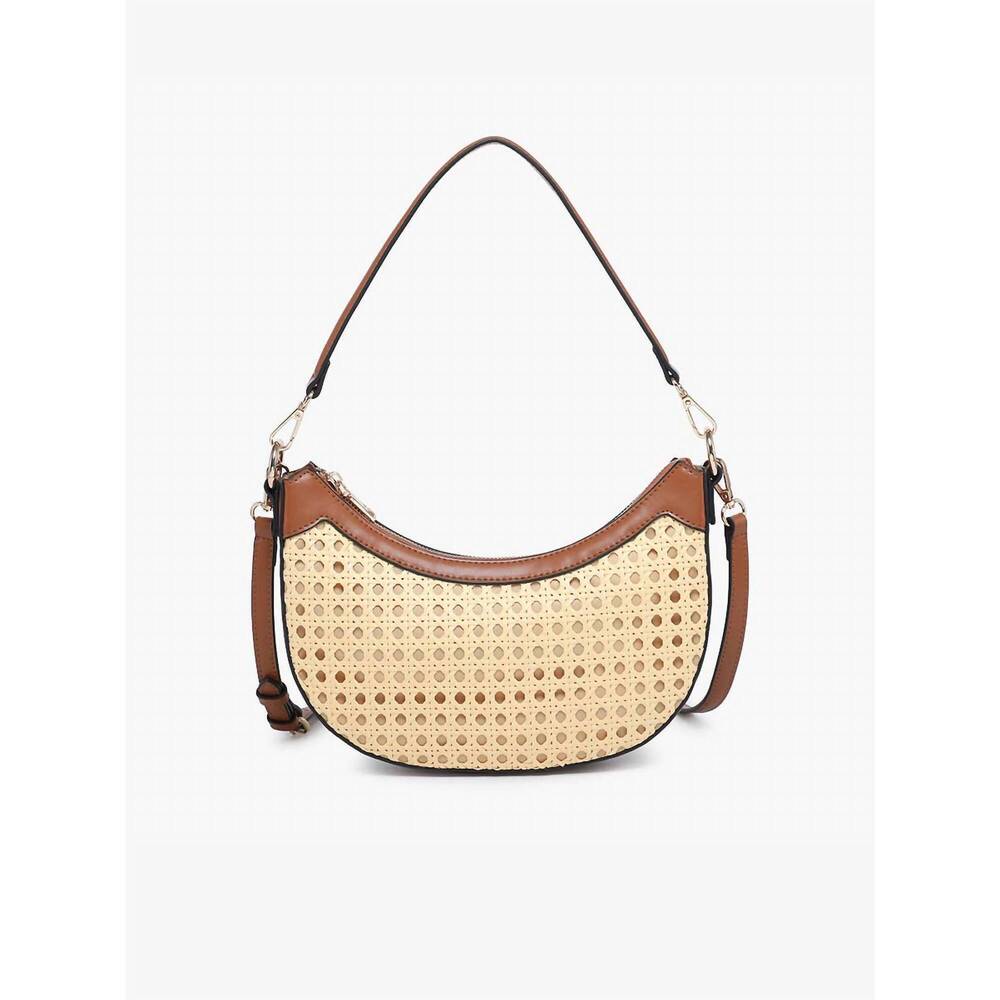 NEW JEN & CO. women's daisy crescent rattan crossbody with vegan leather contras